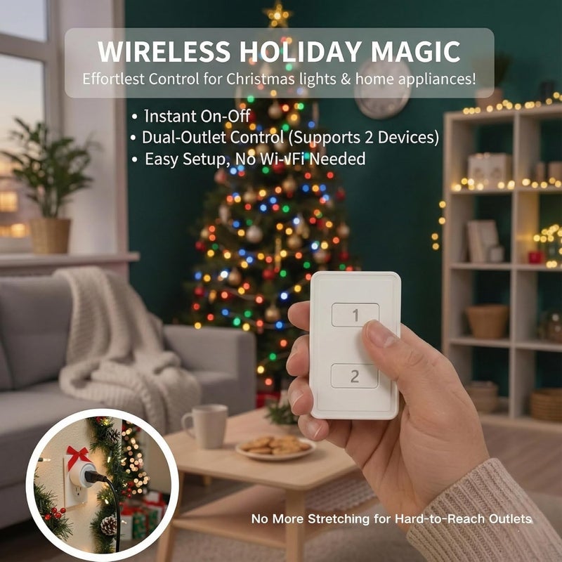 LoraTap Mini Wireless Remote Control Outlet Plug Adapter (2 Pack) with Remote, 2 Channel Wall Switch, 656ft Control Range for Indoor Lamps and Home Appliances, No Hub Required, 10A/1100W, White - Image 2